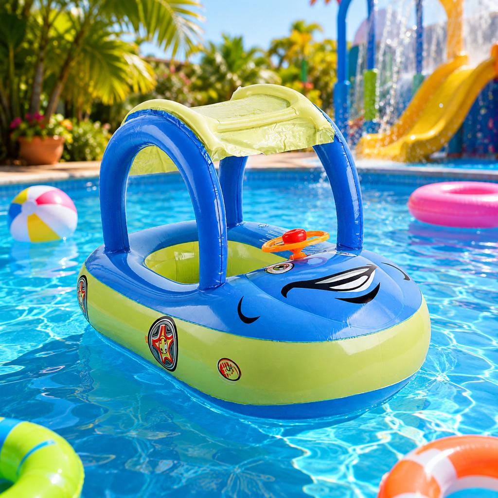 1pc Inflatable Baby Pool Seat Float with Canopy Sun Shade Swim Ring Water Seat Lounge Float with Steering Wheel Handles