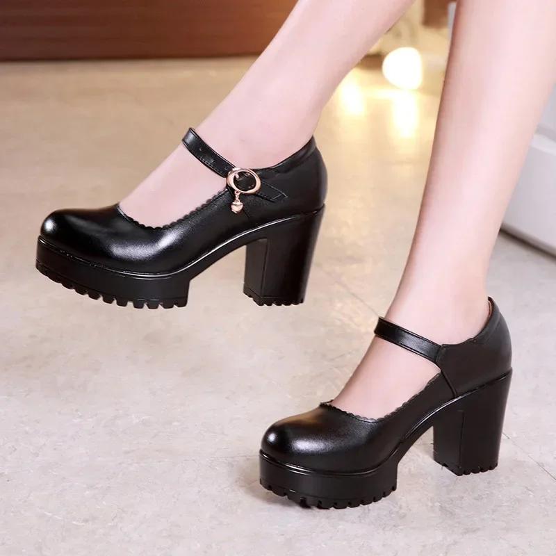 8cm 10cm Small Size 32-43 Elegant Office Ladies Soft Leather Mary Janes Platform Shoes 2025 Fall Block High Heels Shoes Work Mom