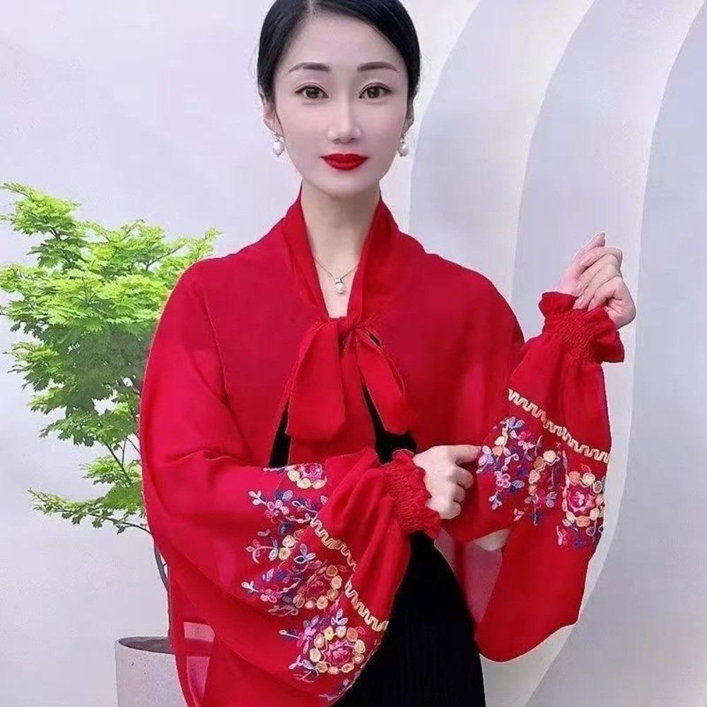 Embroidered Sunscreen Scarf Breathable Seaside Vacation Cloak Fashion Flower Shawl  Neck Decoration красный