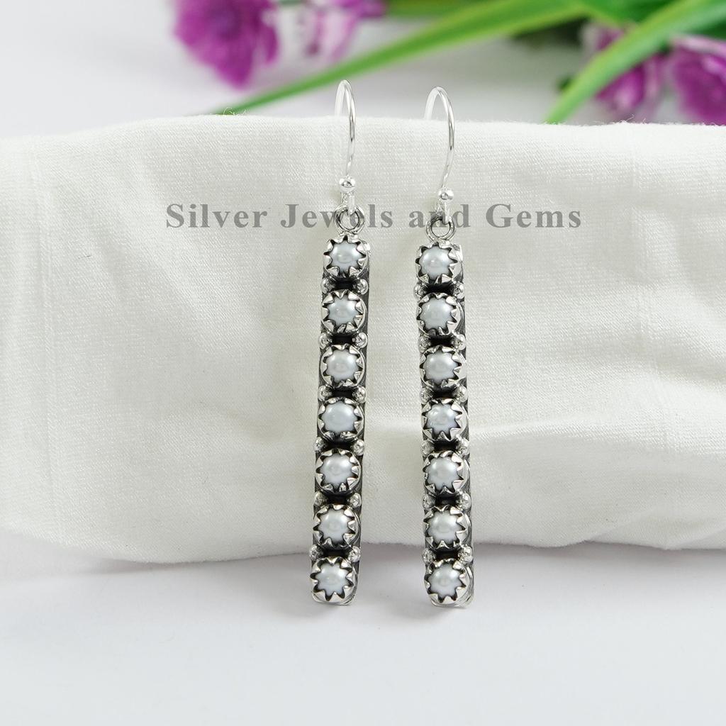 Sterling Silver Freshwater Pearl Bar Earrings: Handmade Dangle Earrings
