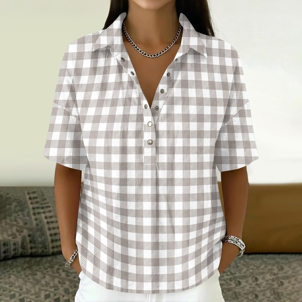 Women’s Turn Down Collar Button Up Vintage Print Short Sleeve Relaxed Fit Casual T Shirt Blouse Top for Everyday Wear