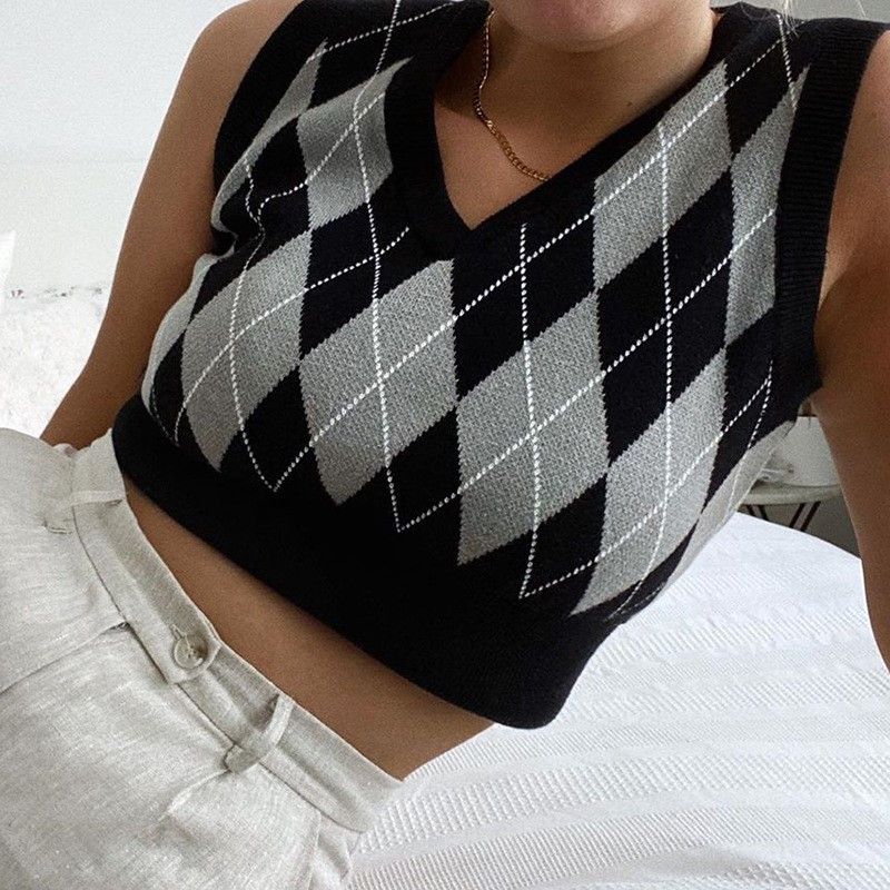Holiday Autumn and Winter Personalized Fashion New Arrival Woolen Women's Clothing Sexy Plaid Color Contrast Short Sleeveless Vest Tops