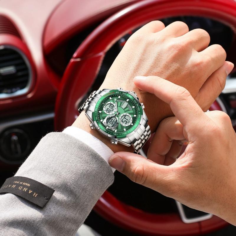 POEDAGAR Clock Waterproof Electronic LED Luxury Watches Dual Time Display Digital Stainless Steel Quartz Watch