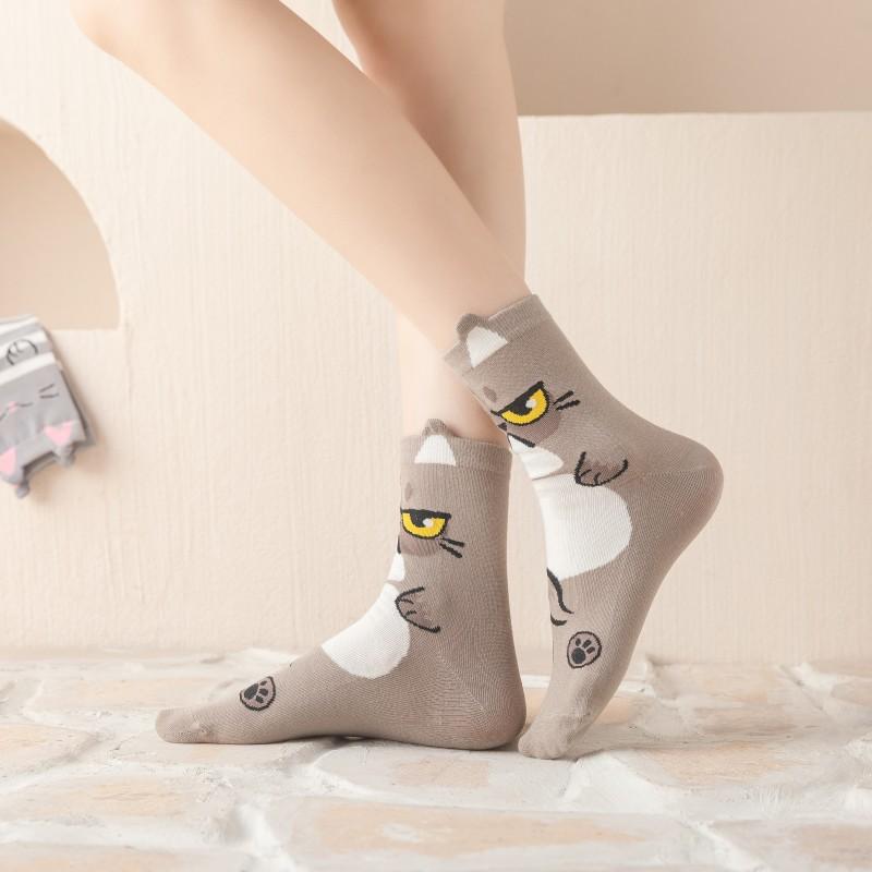 Women's Cute Cartoon Cat Mid-Calf Socks 3D Ears Lucky Cat Cotton Casual Socks