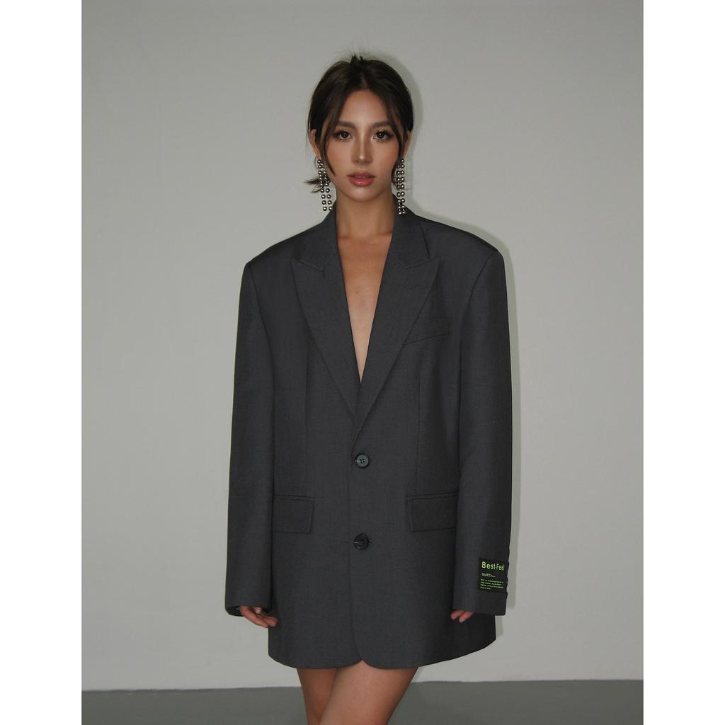 Graue Blazerjacke für Damen, koreanischer übergroßer Retro-Stil, lässiger Anzugmantel für Damen, locker sitzender Vintage-Büro-Blazer, tägliche Outfits