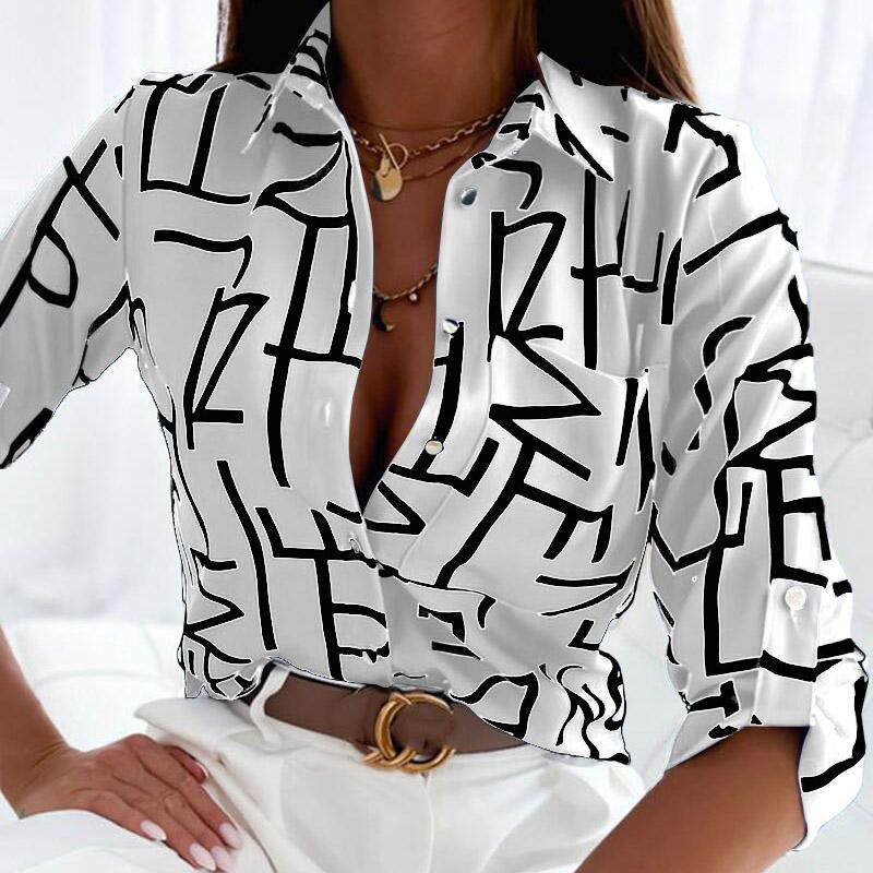 Spring Autumn Lapel Long Sleeve Floral Print Women Shirt