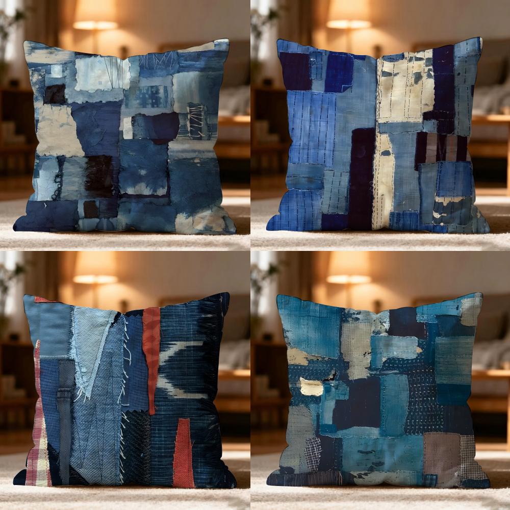 Denim Patchwork Print Cushion Cover Cushion Cover Soft Washable Pillow Case Multi-Scene For Couch Bed Travel Office Use