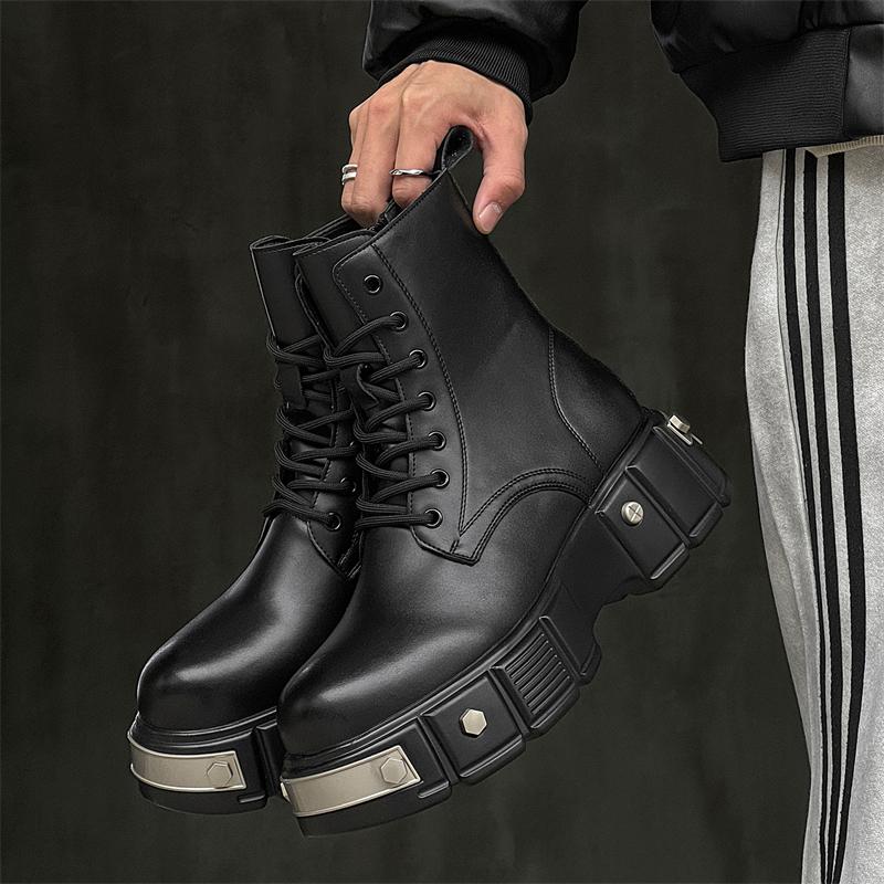 2025 Men's Motorcycle Boots Handmade Leather Lace-Up Platform Shoes Retro Street Style Comfy All-match Ankle Boots