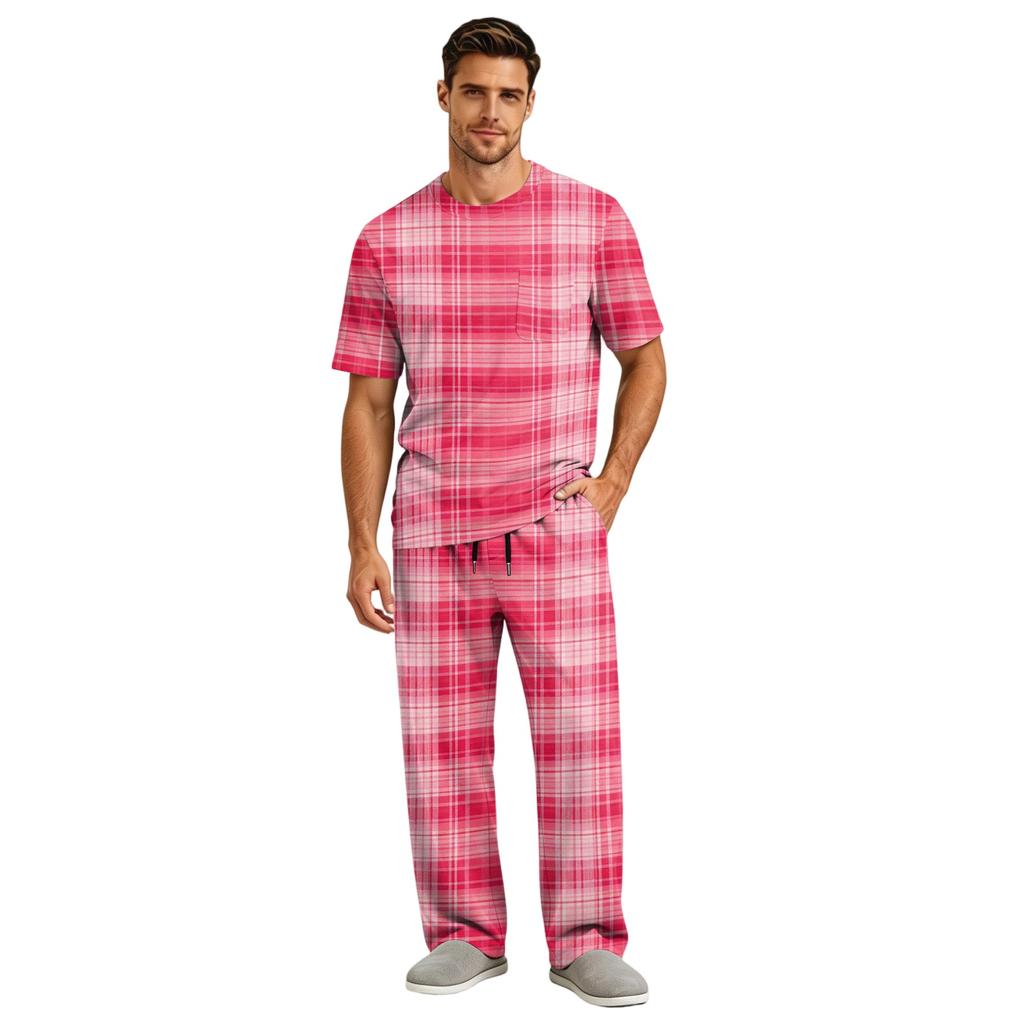 Men's Short Sleeve Pajama Set with Button Fly and Elastic Drawstring Waist for Sleepwear