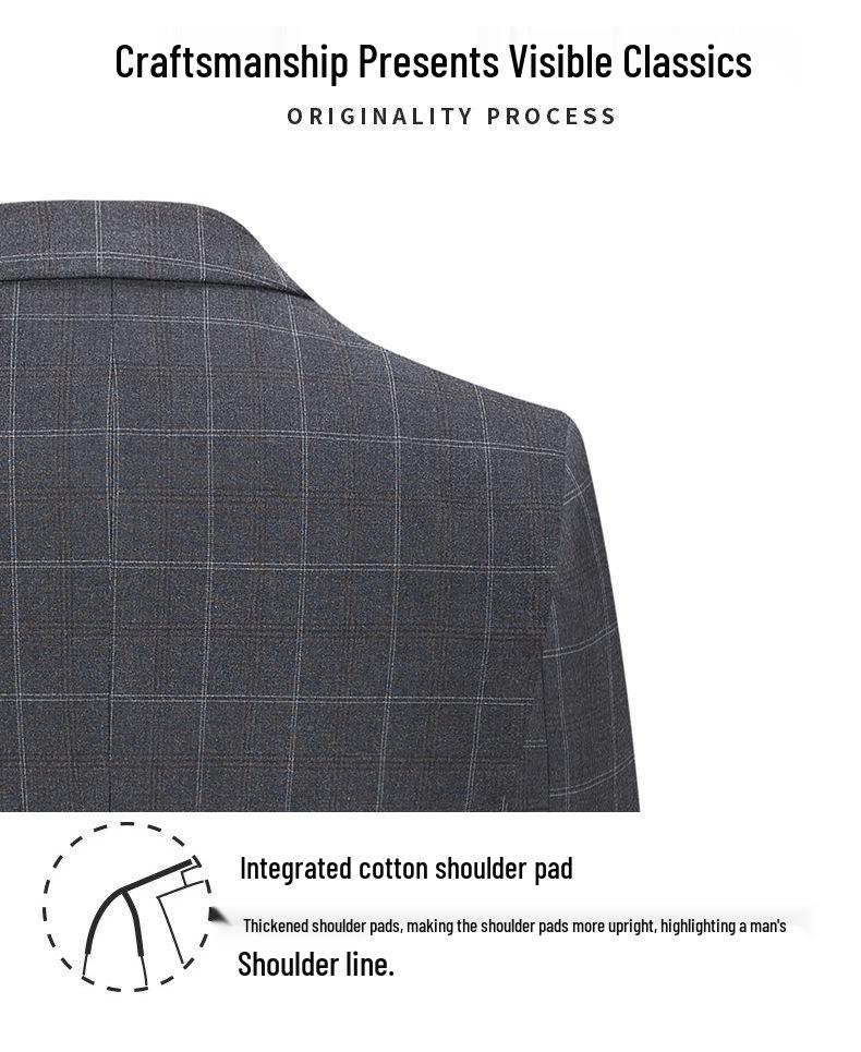 2026 High-End Slim-Fit Plaid Wool Suit Set - Men's Non-Iron Business Casual Formal Wear for Weddings