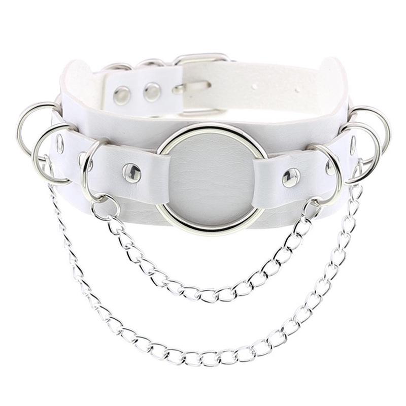 Punk dobbeltlags lær O-ring kjede choker halskjede - Europeisk og amerikansk street style metalldesign med sirkel.