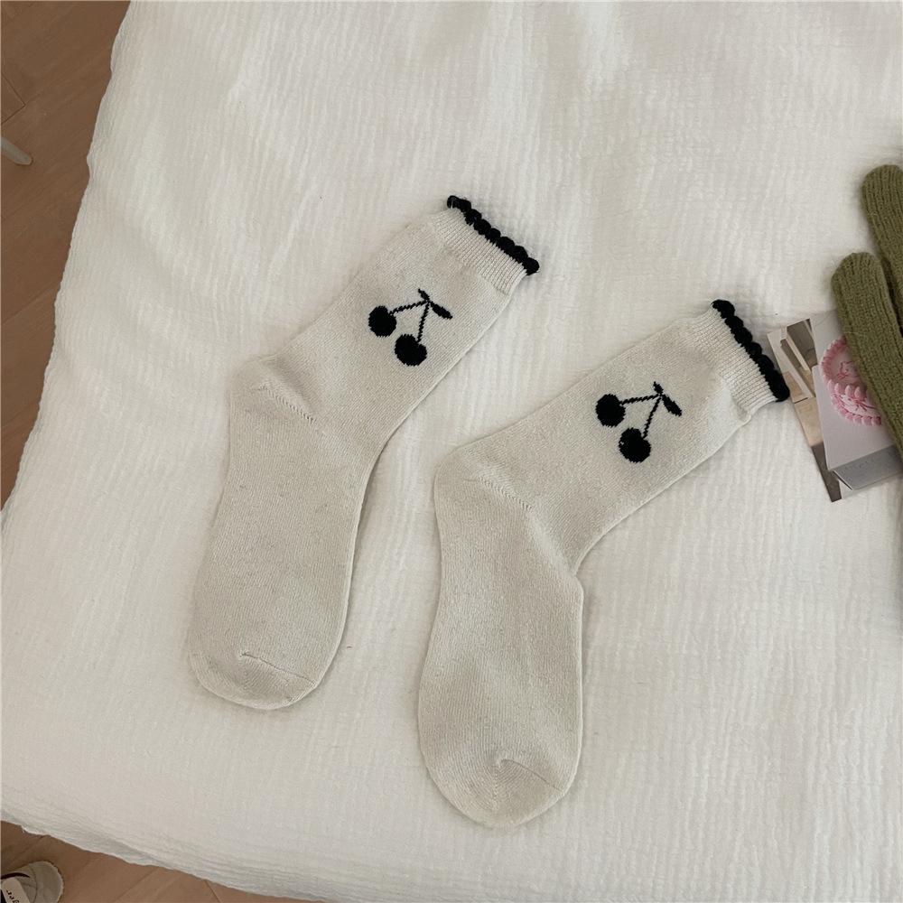 

Новые милые теплые шерстяные носки-трубы в горошек и с вишнями для девочек на осень и зиму 1 pair белый