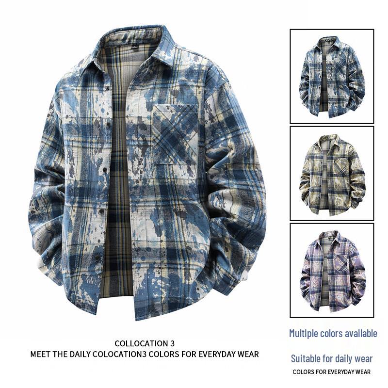 MEDE Men's Plaid Long Sleeve Tie-Dye Shirt