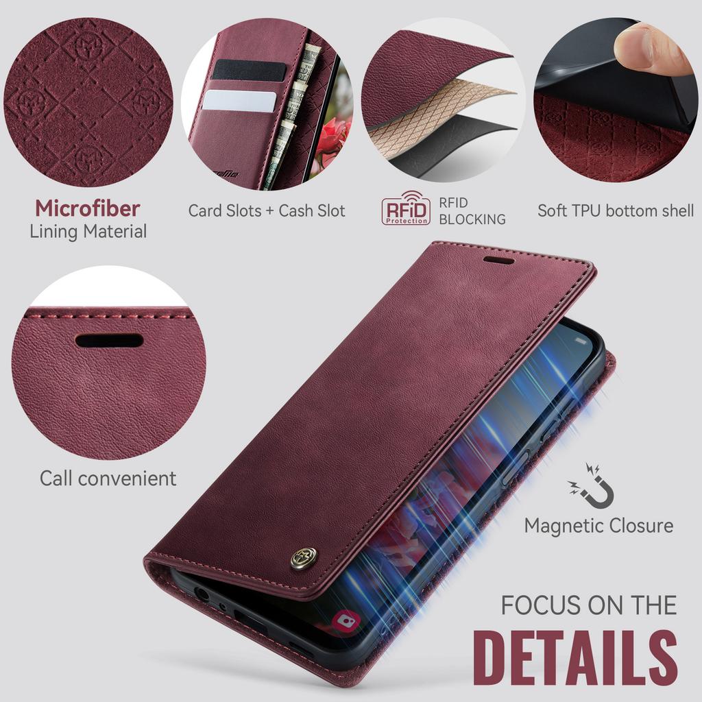 Pro Samsung Galaxy A25 5G (Globální) (161,0 x 76,5 x 8,3 mm) Pouzdro CASEME řady 033 Peněženka s RFID blokováním Stojánek Kožené pouzdro na telefon s texturou telete