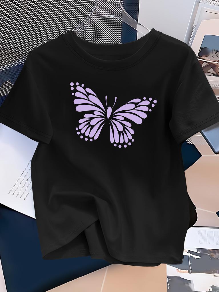 Unisexs Casual Elegant Purple Butterfly Print Crew Neck Tshirt Versatile Casual Wear Simple Fashion Tops Casual Wear Retro Y2k