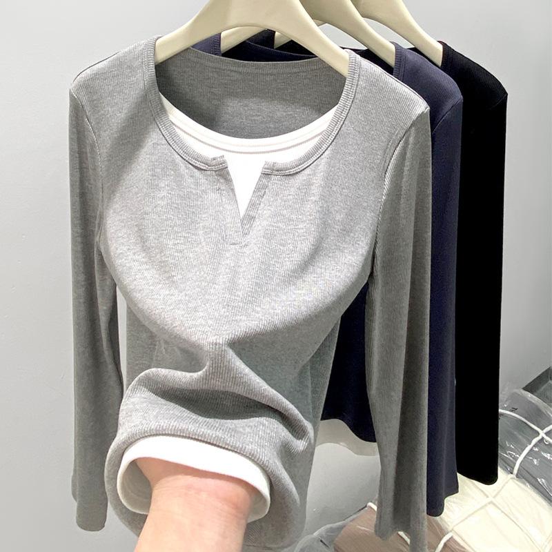 Fake Two-piece Design Sense Round Neck Long Sleeve T-shirt Autumn Women's Decoration Body Looks Thin Chic Top Base Shirt