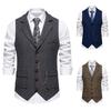 Men's Retro Lapel Chain Decoration Vest Herringbone Coarse Tweed Pockets Suit Vest Casual Vintage Gentleman Leisure Party