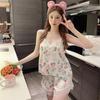 Summer New Pajamas Women's Ice Ribbon Chest Pad Printing Series Short Hanging Shorts Pure Desire Wind Lace Loungewear Set