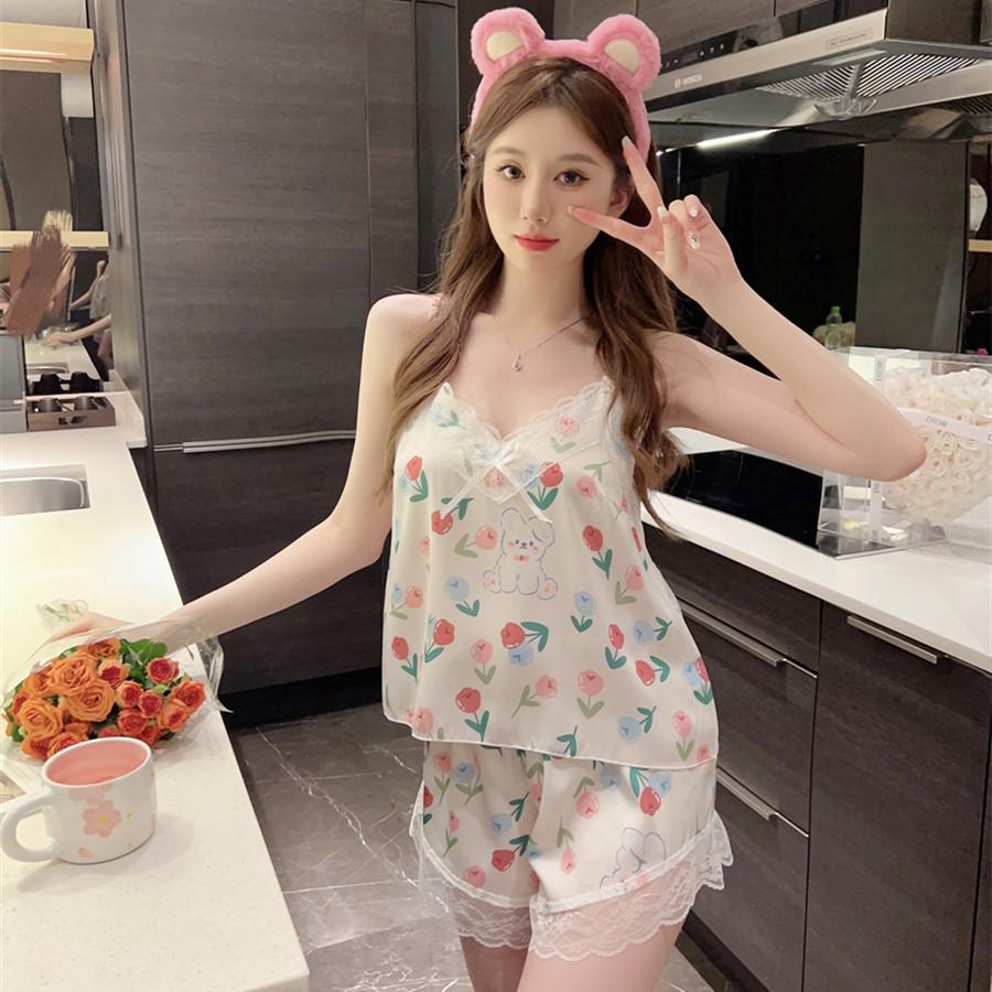 Summer New Pajamas Women's Ice Ribbon Chest Pad Printing Series Short Hanging Shorts Pure Desire Wind Lace Loungewear Set