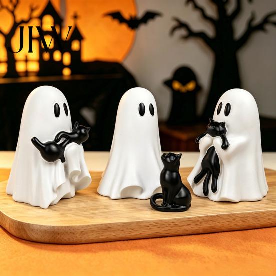 Small Ghost Holding Black Cat Statue Halloween Ornament, Hugging A Sculpture, Unique Seasonal Decor Resin Figurine, for Home Bedroom Entrance Display