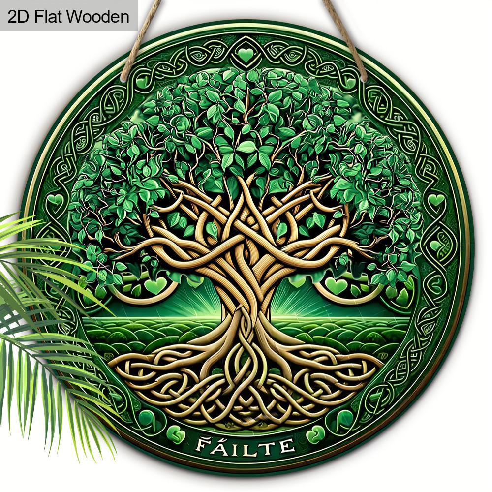 1pc Green Tree of Life Ornament Wooden 2D Flat Hanging, Xmas Decorations, Round-shaped Hanging Wall or Door Decor, Holiday Party Decor, Home Garden