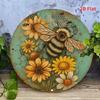 Rustic Bee Floral Round Metal Wall Art Vintage Green Distressed Honeycomb Decor