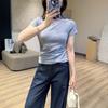 Women's Crew Neck Short Sleeve Tight Fit Japanese Casual Tencel Cotton Crop Top Basic Tee