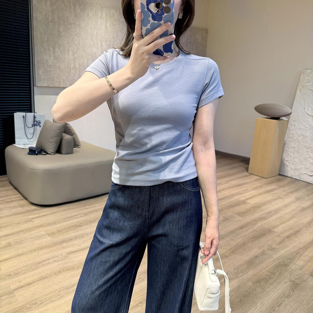 Women's Crew Neck Short Sleeve Tight Fit Japanese Casual Tencel Cotton Crop Top Basic Tee