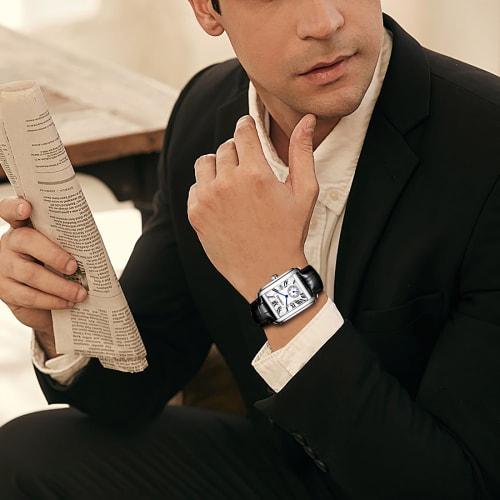 Men's Leather Watch, Seiko Replica Watch: Stylish Square Dial Watch with Roman Numerals, Adjustable Leather Strap, Silver