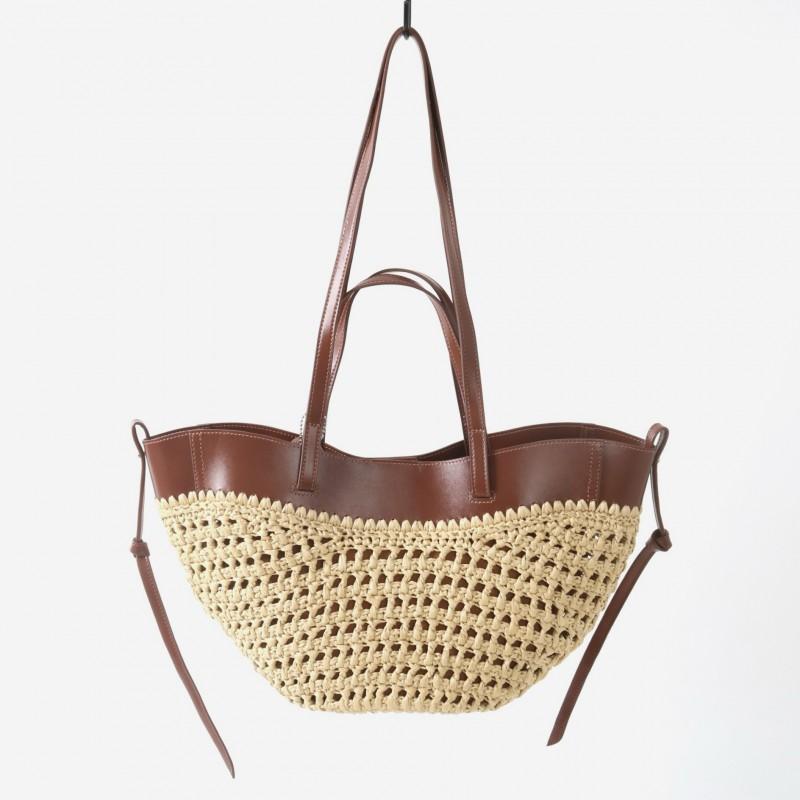 Large Capacity Woven Tote Bag Women Genuine Leather Top Grain Cowhide Straw Interior Beach Vacation Style