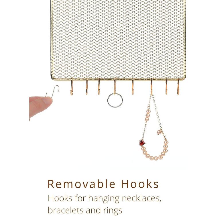 Heesch 2 Pack Earring Holder Wall Mounted Hanging Jewelry Organizer Display Decorative Metal Diamond Shape with Hooks for Necklaces Bracelets (Gold)
