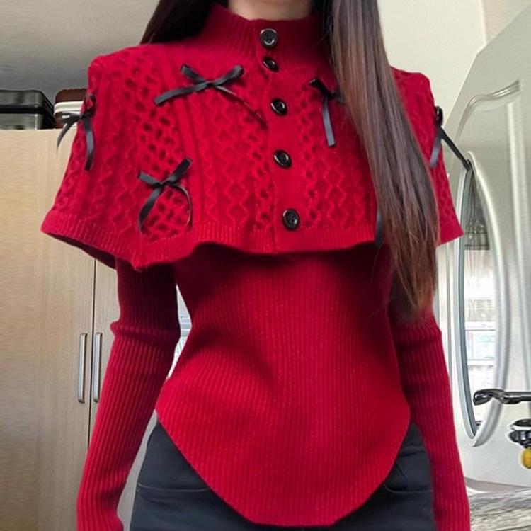 

Elegant Winter Red Cape Shawl & Knitted Top Set for Women Large
