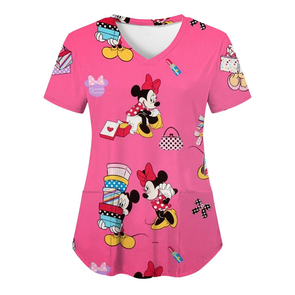 Miniso Minnie Mouse T-shirts V Neck Woman Clothes Hospital Tops Disney Top Women 2025 Nurse Uniform T-shirt Pocket Summer Tees