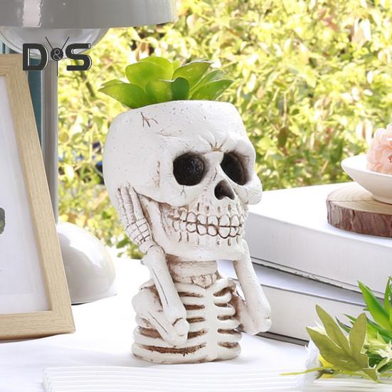 Resin Planter Pot Skull Halloween Skeleton Figurine Flowerpot Indoor Outdoor Succulents Plants Container Home Balcony Garden Decoration
