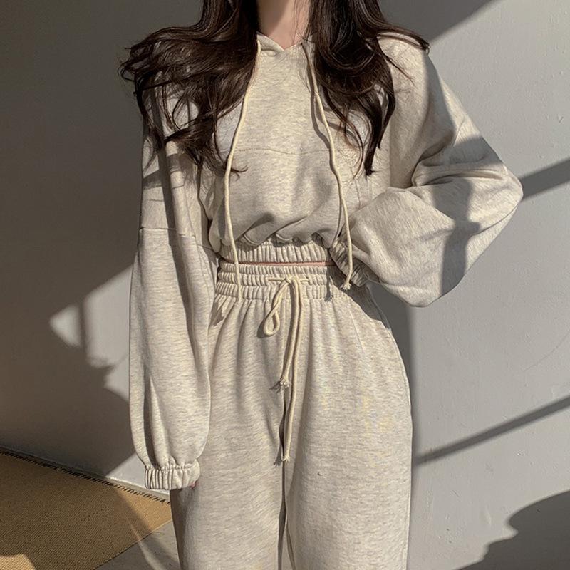 Korean Chic Long-Sleeve Hooded Sweatshirt + High-Waisted Jogger Pants Set