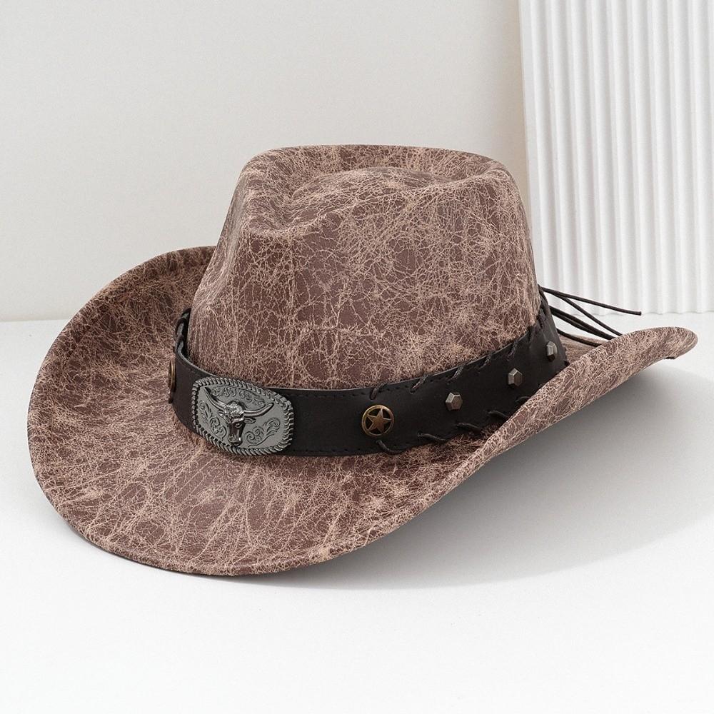 Faux Leather Cowgirl Hat Studded Bullhead Jazz Hat Trendy Sombrero Hat For Men Women