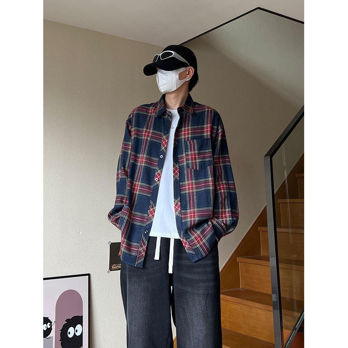 

Винтажная рубашка в клетку бордового цвета High Street, мужская, та же модная, повседневная, свободная, солнцезащитная, с длинными рукавами 3XL темно-синий