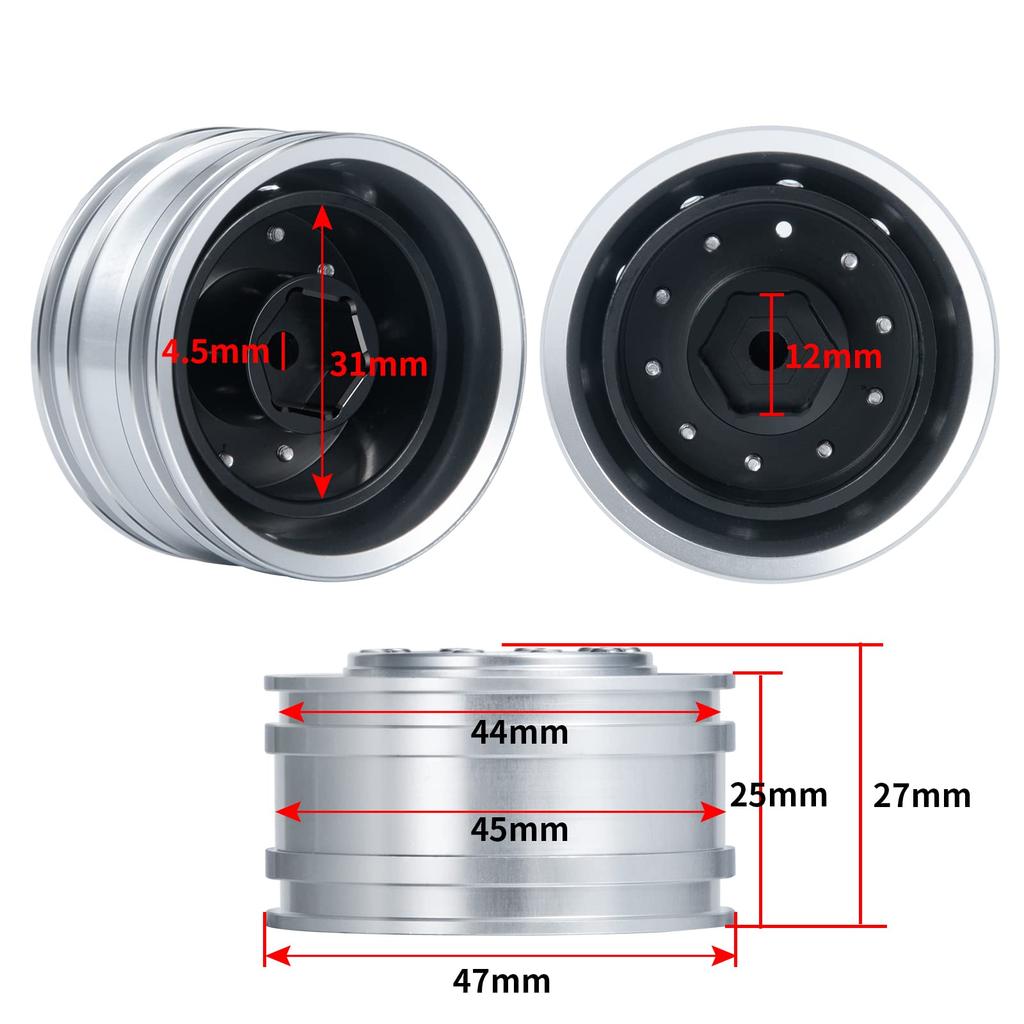 TRZX Aluminum Alloy Front Wheel Rim Hub Upgrade Parts for 1/14 Tamiya Trailer Tractor Truck RC Car (4pcs)