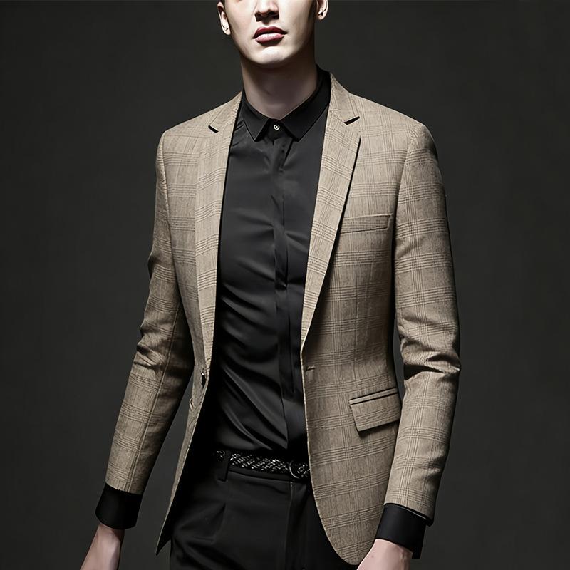 

Men s Plaid One-Button Casual Blazes Korean Style Slim Fit Suit Coats XL хакі