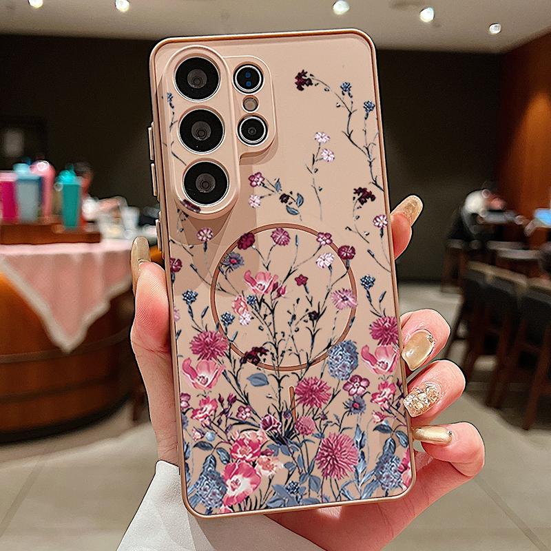 Retro Hot Pink Flower Pattern Case For Samsung Galaxy S26 Ultra S25 Edge S24 Plus S23 FE S22 A54 A55 A56 5G Magnetic For Magsafe Matte Cover