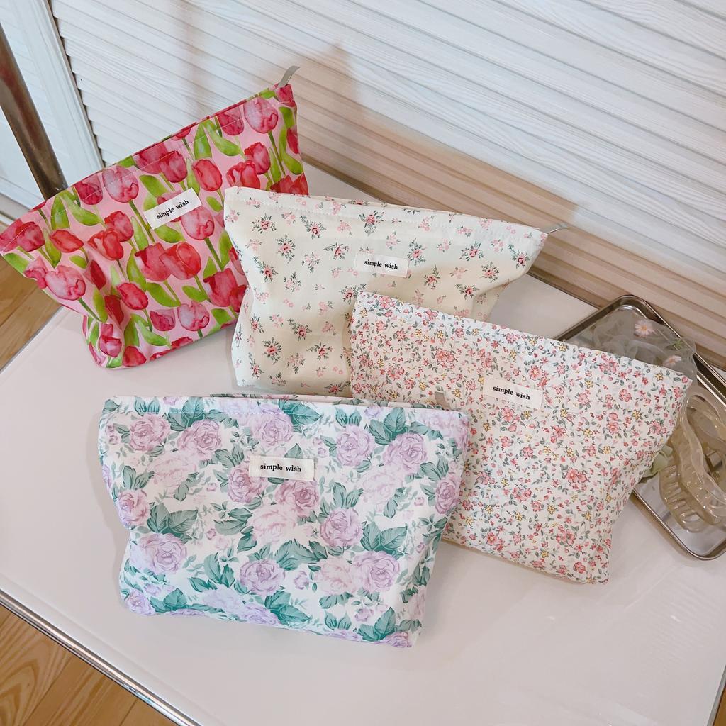 Fresh and Simple Floral Cotton Cloth Small Square Bag Cosmetic Bag Pure Cotton Zipper Liner Bag Clutch Bag