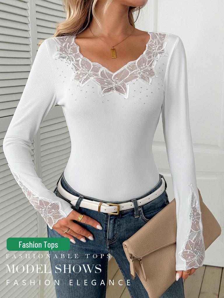 Dámské tričko s dlouhým rukávem 2025 s krajkovou lemovkou a horkými vrtanými akcenty