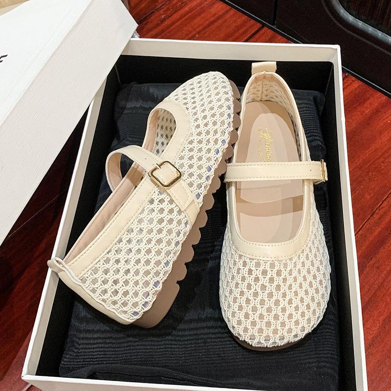2025 summer new single shoes women's one-word buckle fishing net shoes hollow breathable Mary Jane shoes