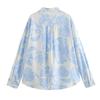 Pajamas Women's 2 Piece Set Blue Printed Long Sleeve Button-Down Shirt High Waist Pants Sexy Pajamas Home Set New Style