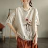 Summer  Retro Cotton Linen Tops Women Cotton Large Size T-shirt Polo Neck Loose Printed Casual Pullover T-shirt Top
