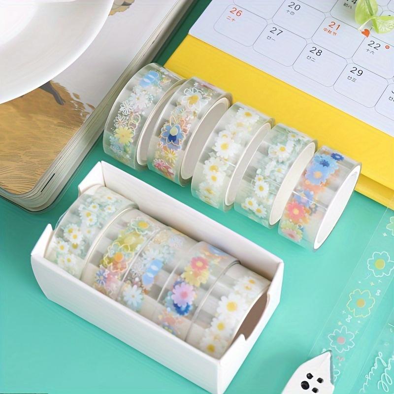 1 set/5 Role Bandă Decorativă Transparentă, Autocolant Decorativ Autoadeziv cu Model Flori Margarete, Bandă Transparentă pentru Scrapbooking DIY
