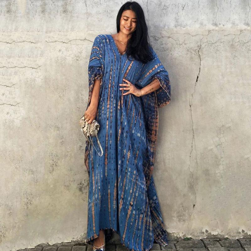 European & American Tie-dye Rayon Beach Dress: Loose, Long Seaside Vacation Robe & Bikini Cover-up with Sunscreen Shirt for Women