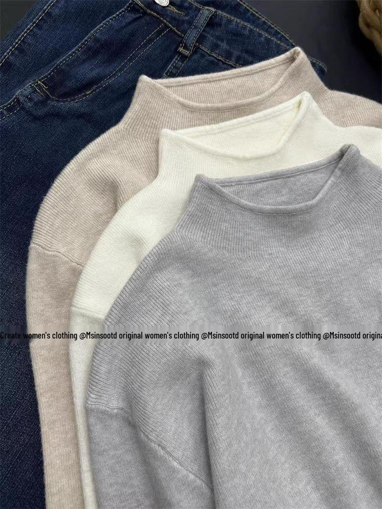 Olive Green Women's Slimming Knit Sweater - Autumn/Winter Half-High Neck Base Layer