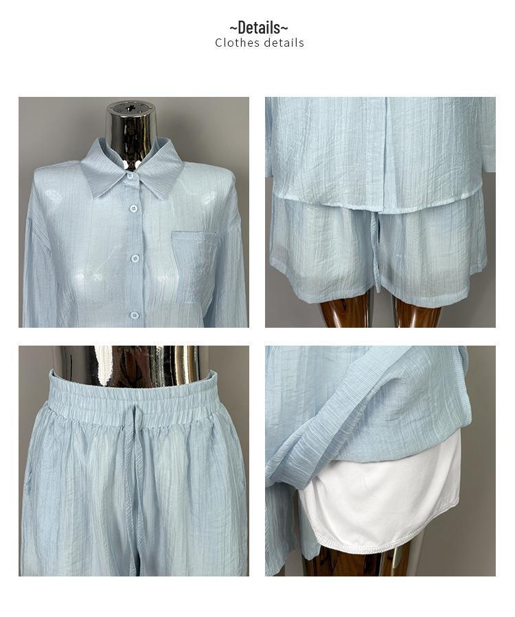 Korean Dongdaemun Fashion Casual Solid Color Slimming Long Sleeve Shirt & Shorts Set Women's Trend