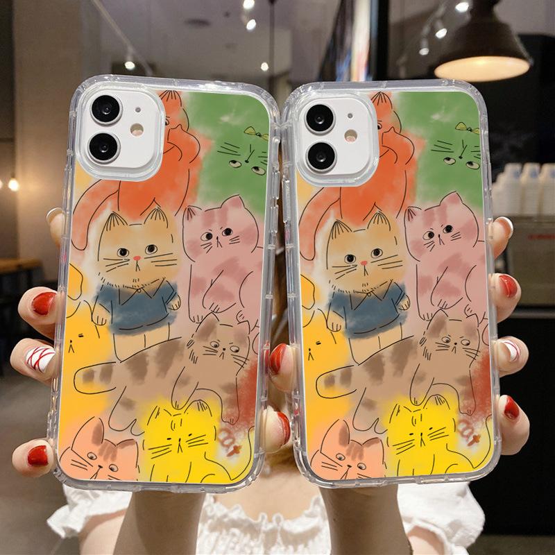 Graffiti cat illustration for iPhone 17 air cushion mobile phone case 16Pro transparent large hole 14/13 anti-drop 15